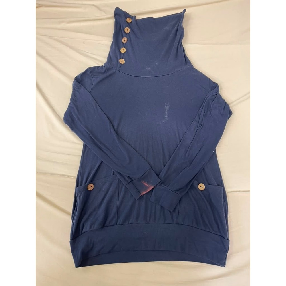 Navy Blue Button Cowl Neck Tunic Top Long‎ Sleeve Pocketed Pullover Sweatshirt